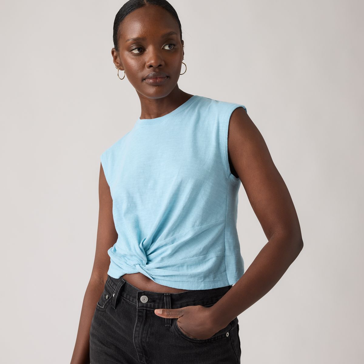 Jemma Knot Sleeveless Tee — Air Blue - Blue