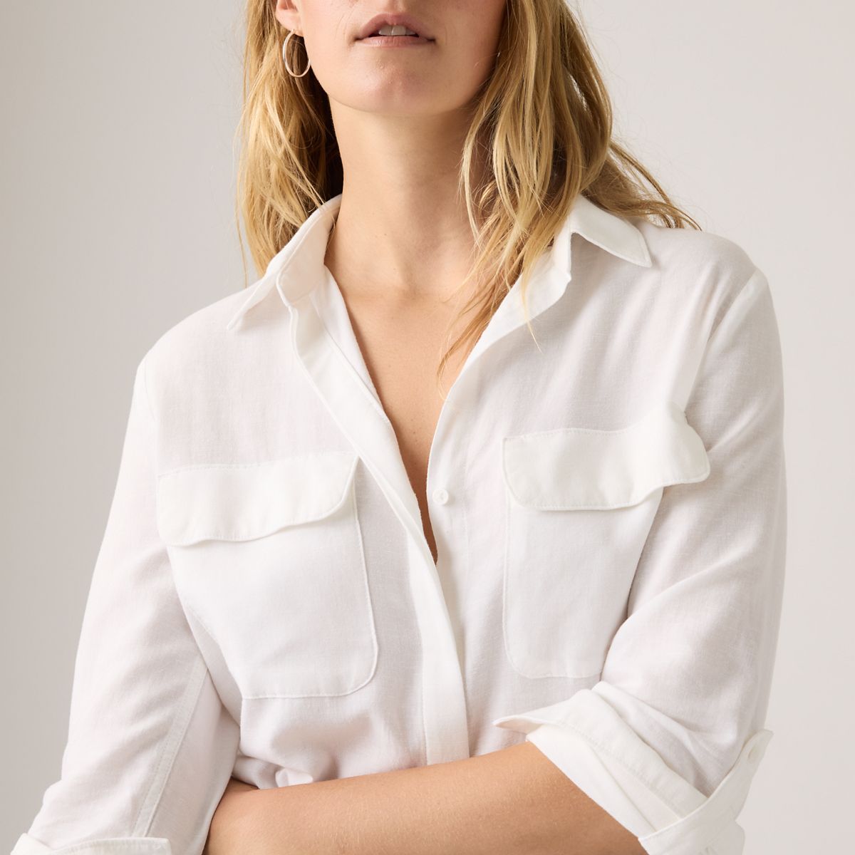 Elaine Utility Linen Button Up Shirt — Bright White - White