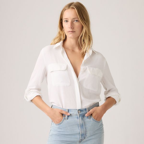 Elaine Utility Linen Button Up Shirt — Bright White - White