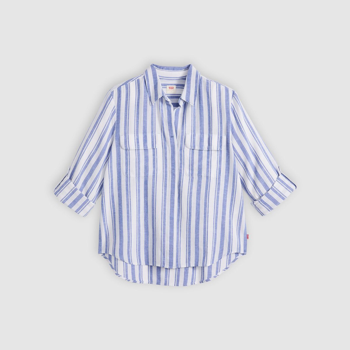 Elaine Utility Linen Button Up Shirt — Bold Stripe Blue - Blue