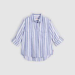 Elaine Utility Linen Button Up Shirt — Bold Stripe Blue - Blue 5