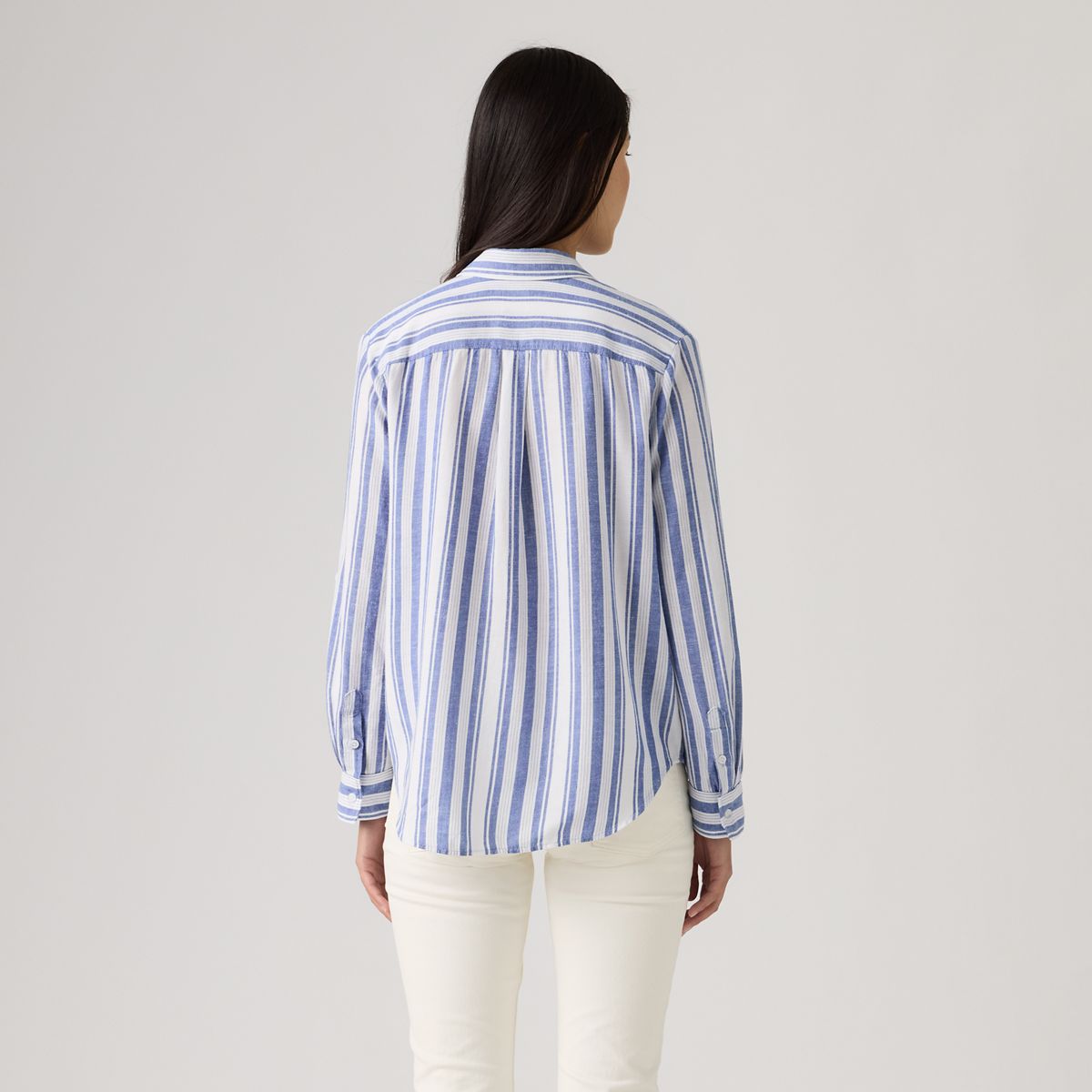 Elaine Utility Linen Button Up Shirt — Bold Stripe Blue - Blue