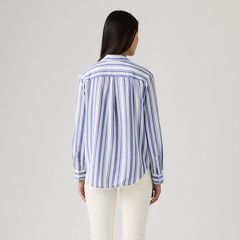 Elaine Utility Linen Button Up Shirt — Bold Stripe Blue - Blue 4