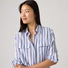 Elaine Utility Linen Button Up Shirt — Bold Stripe Blue - Blue 2