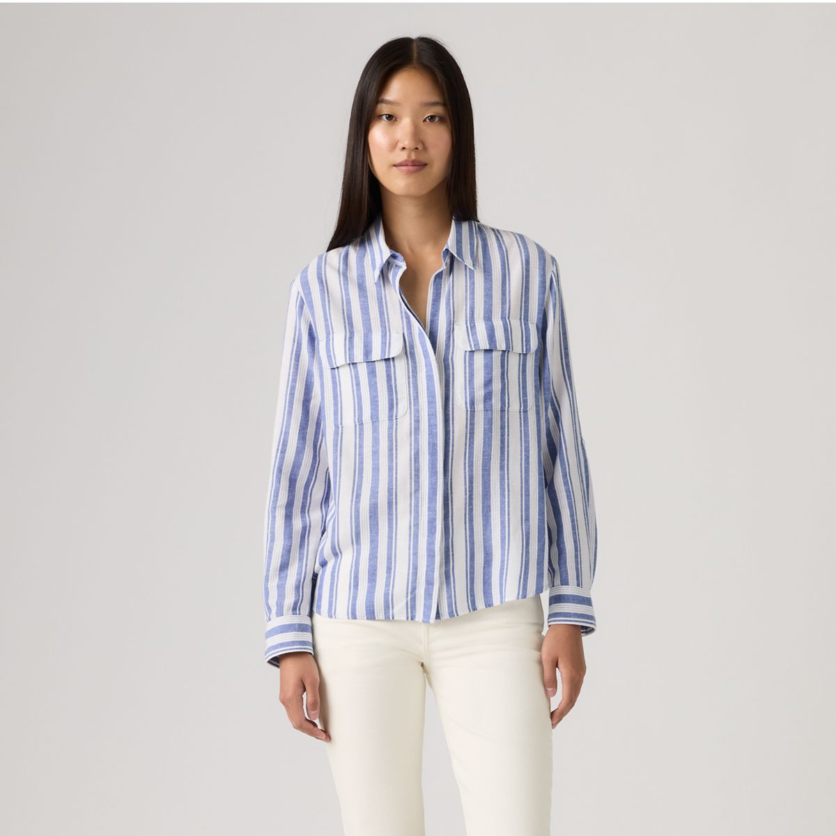 Elaine Utility Linen Button Up Shirt — Bold Stripe Blue - Blue