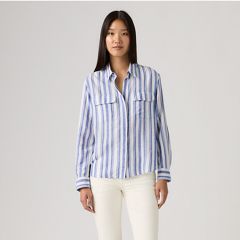 Elaine Utility Linen Button Up Shirt — Bold Stripe Blue - Blue 3
