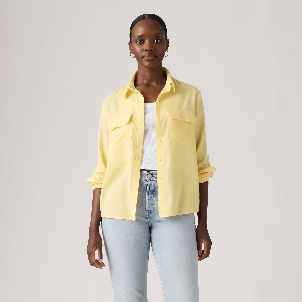 Elaine Utility Linen Button Up Shirt — French Vanilla - Yellow