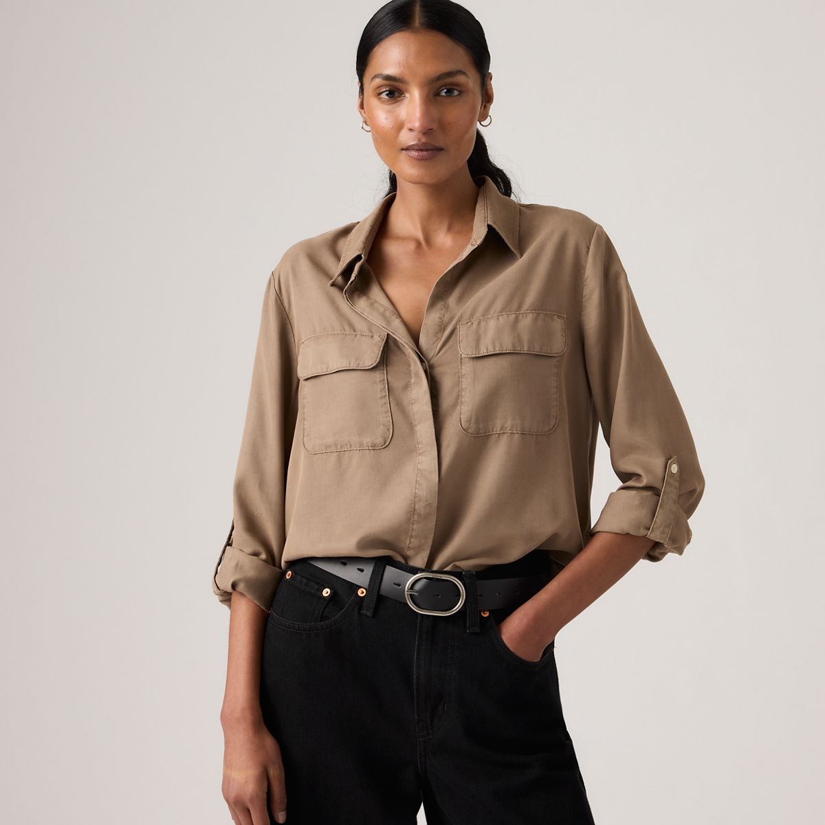Elaine Utility Linen Button Up Shirt — Garment Dye Pine Bark - Brown