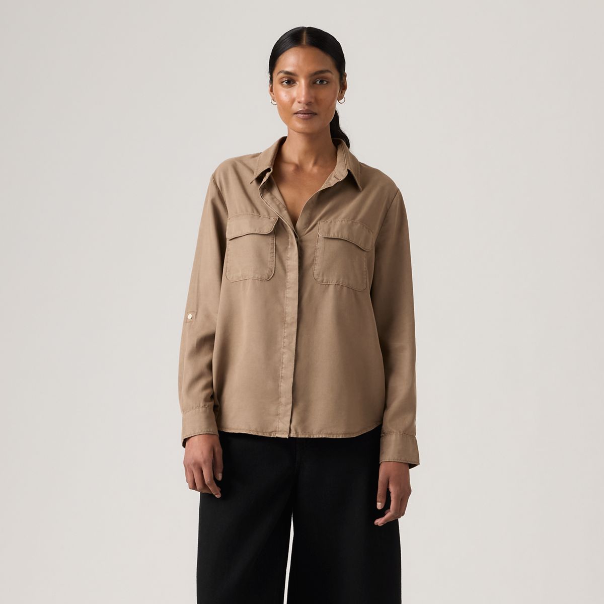 Elaine Utility Linen Button Up Shirt — Garment Dye Pine Bark - Brown