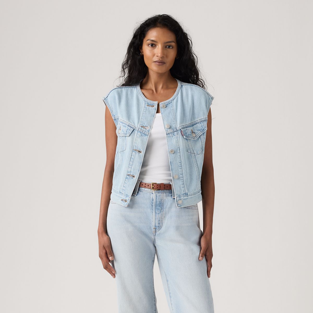 '90s Shrunken Collarless Vest — Of Course Top - Medium Wash