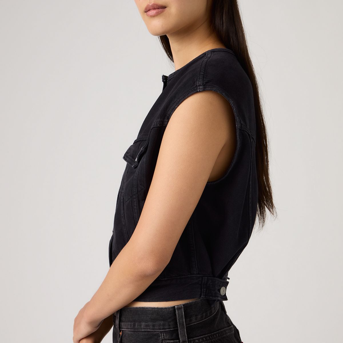 '90s Shrunken Collarless Vest — None Your Business Stone - Black