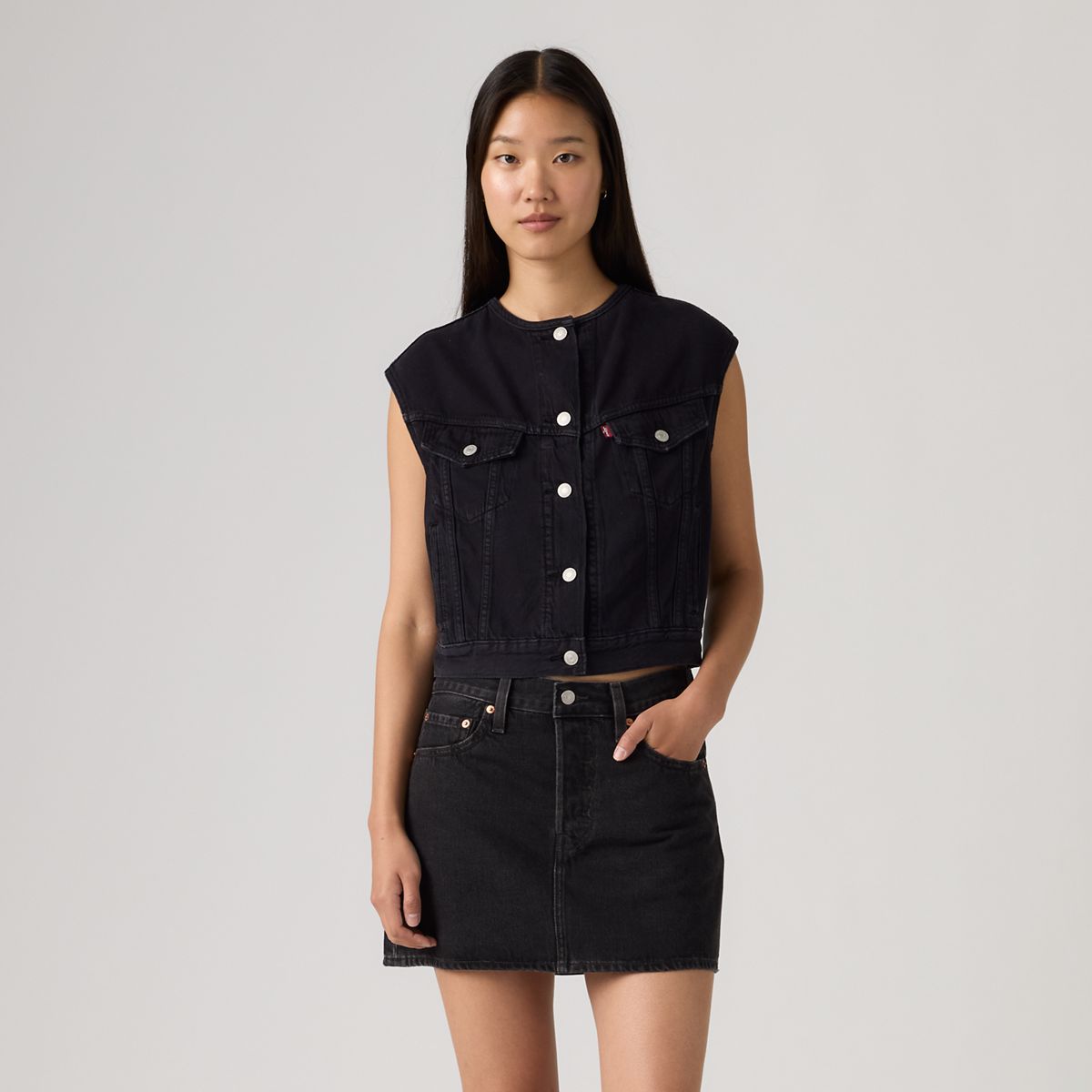 '90s Shrunken Collarless Vest — None Your Business Stone - Black