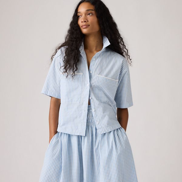 Harlie Novelty Short-Sleeve Cropped Shirt — Shelly Check Glacier - Blue