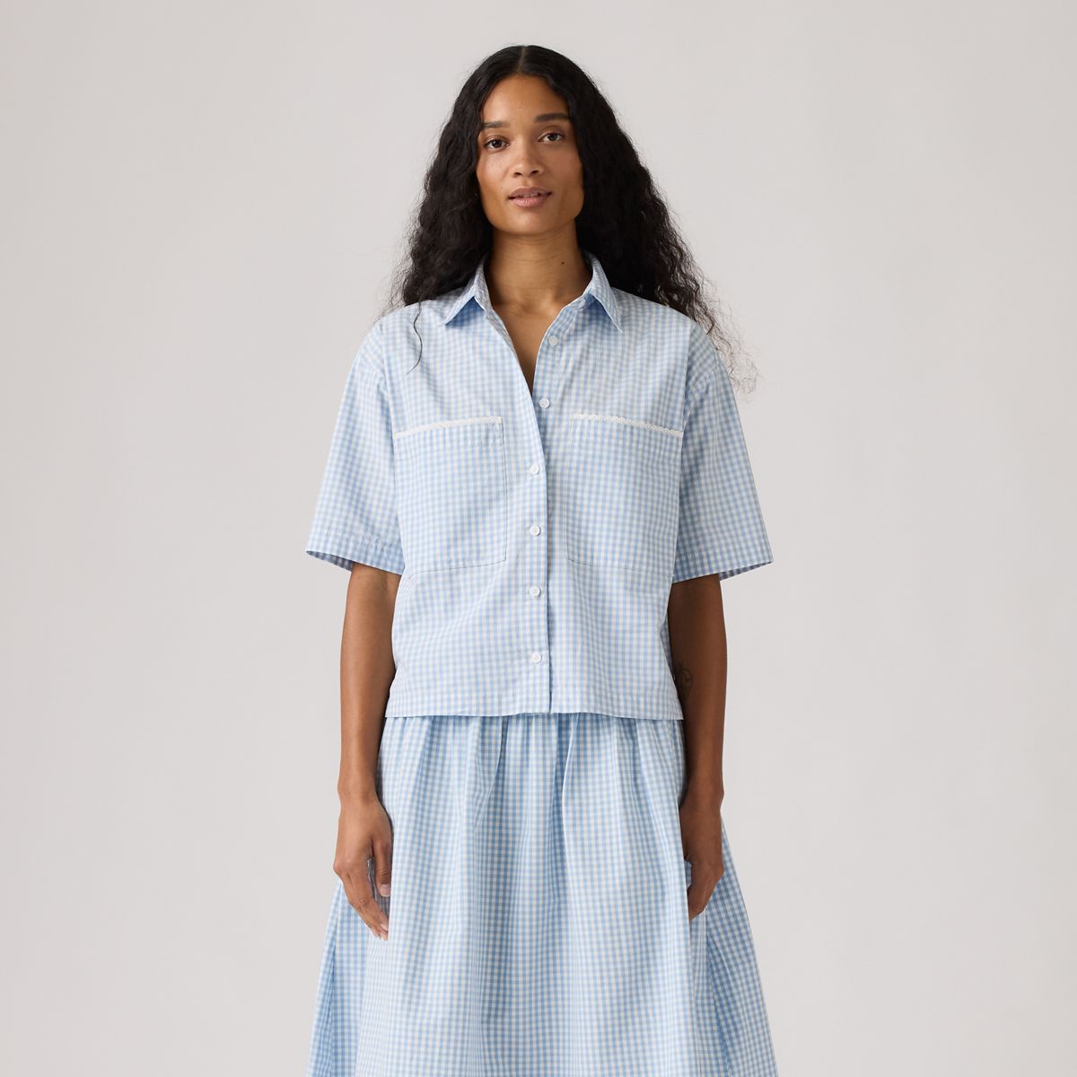 Harlie Novelty Short-Sleeve Cropped Shirt — Shelly Check Glacier - Blue