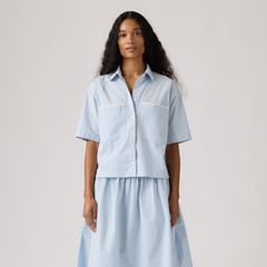 Harlie Novelty Short-Sleeve Cropped Shirt — Shelly Check Glacier - Blue 3