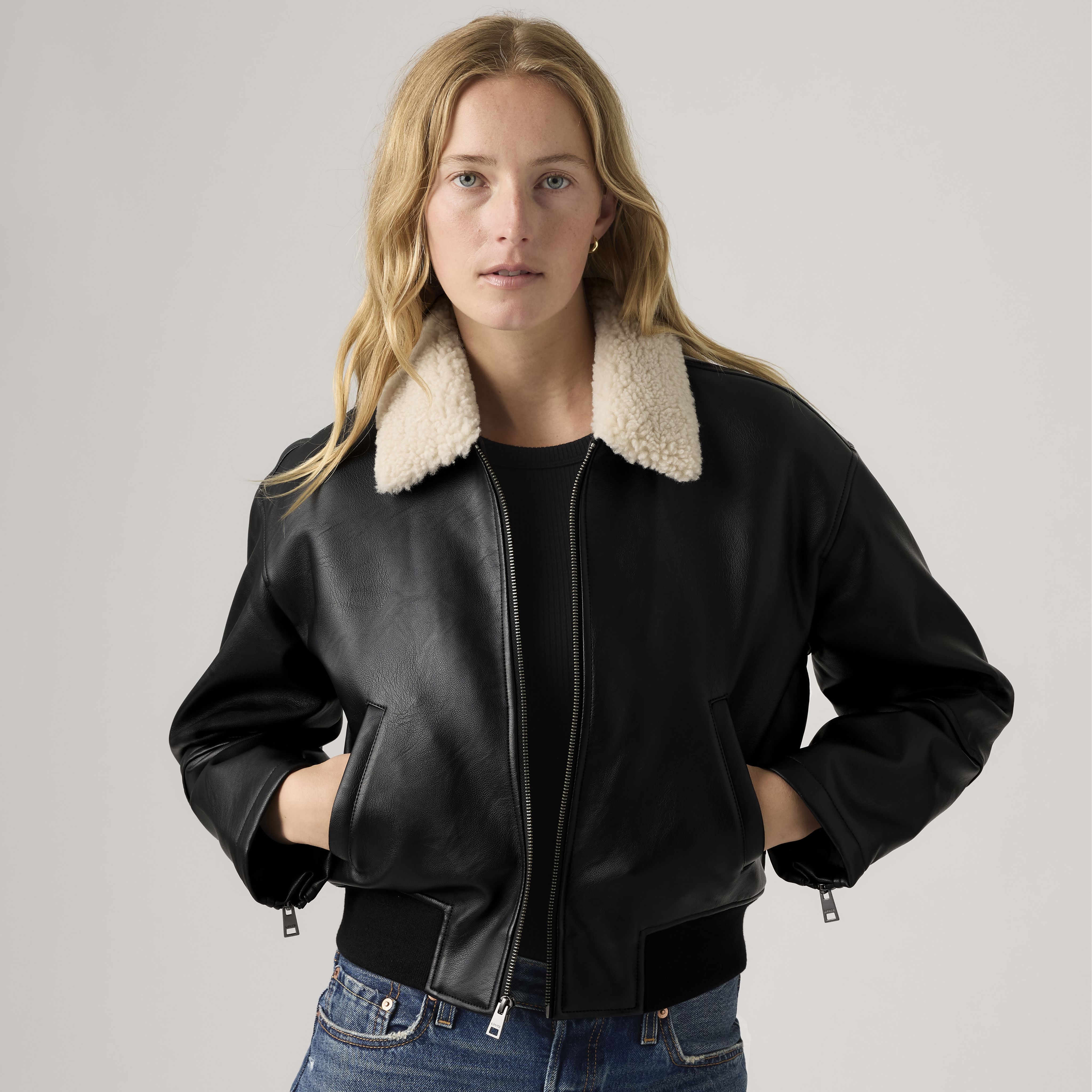 Faux Leather Bomber With Sherpa Collar 1