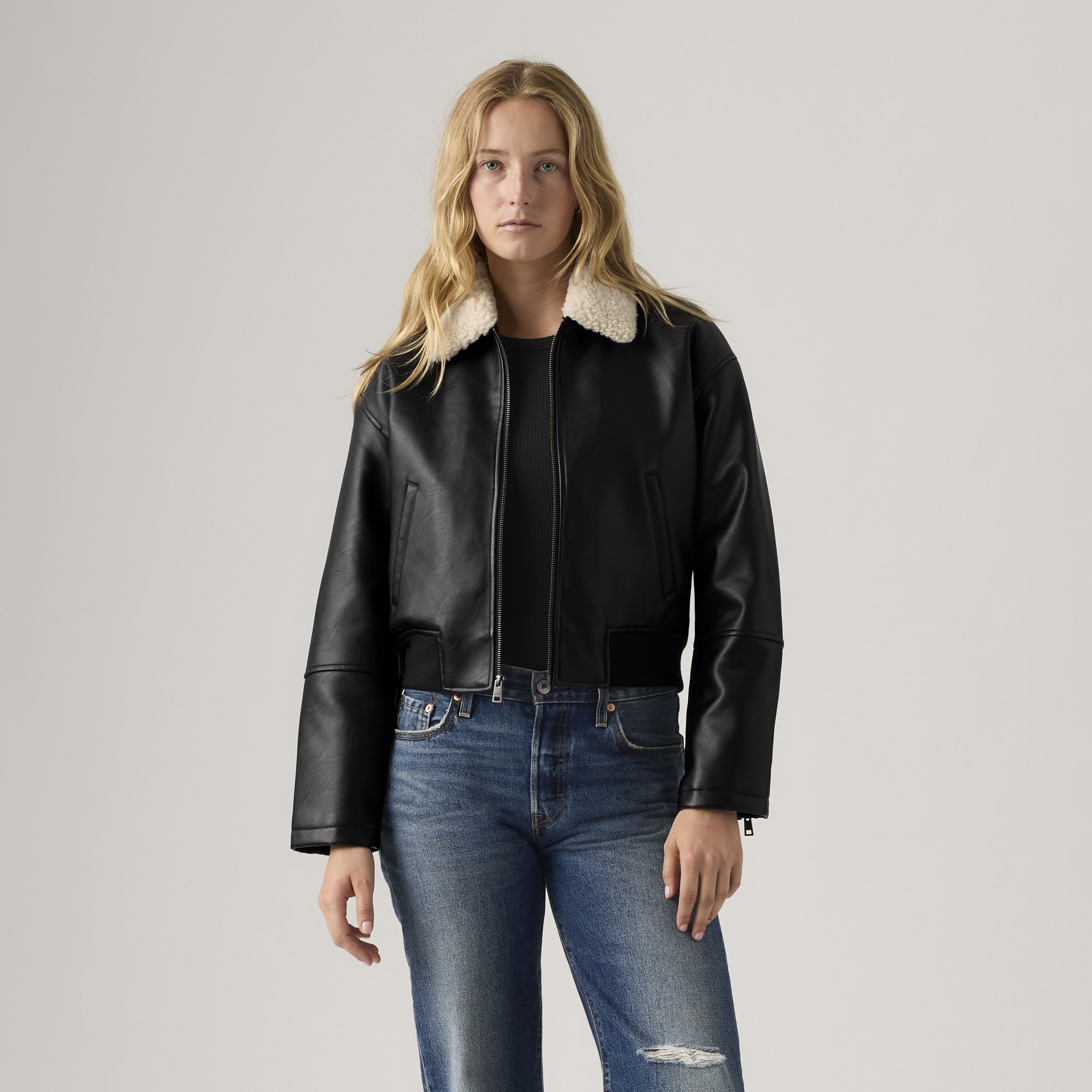 Faux Leather Bomber With Sherpa Collar 11