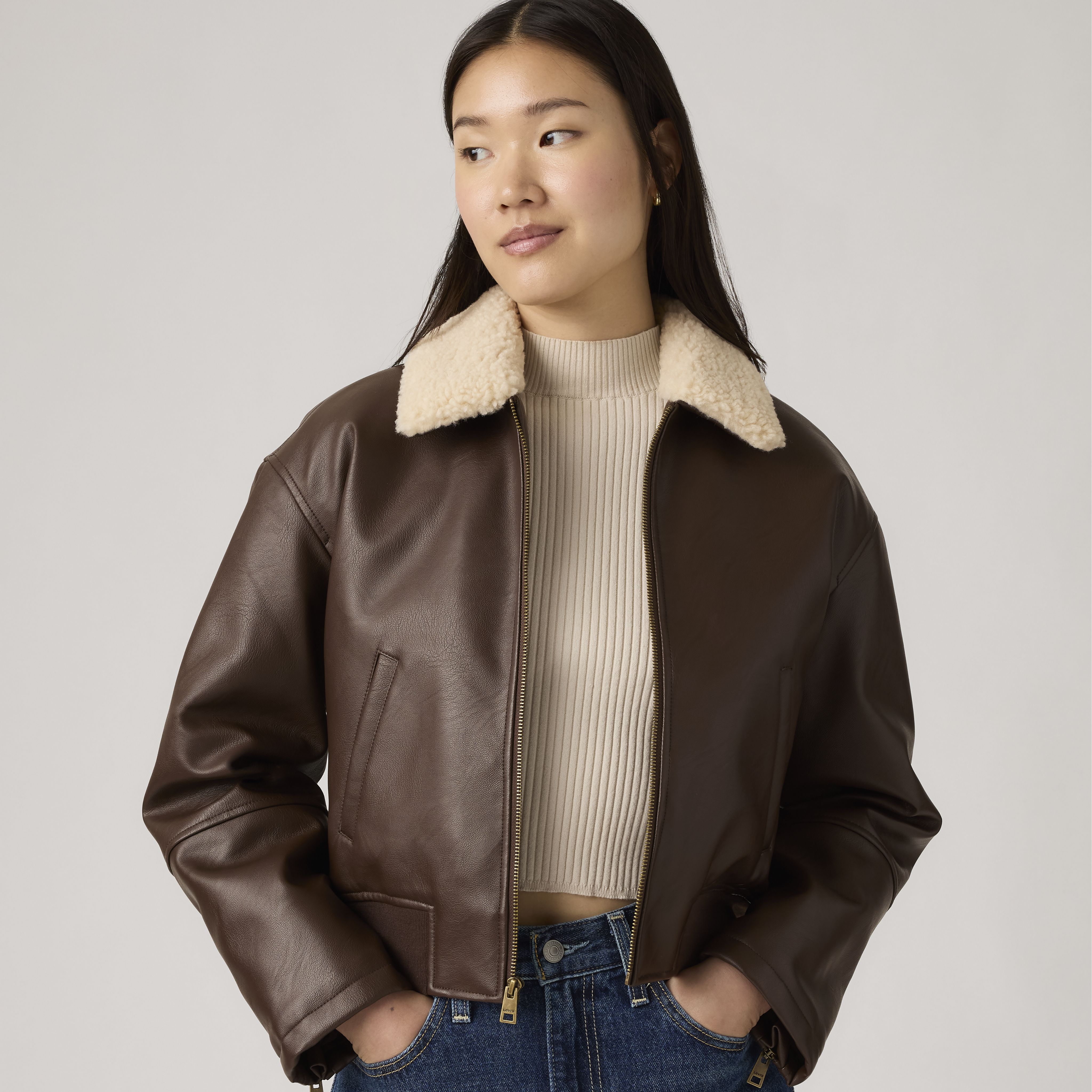 Faux Leather Bomber With Sherpa Collar 1