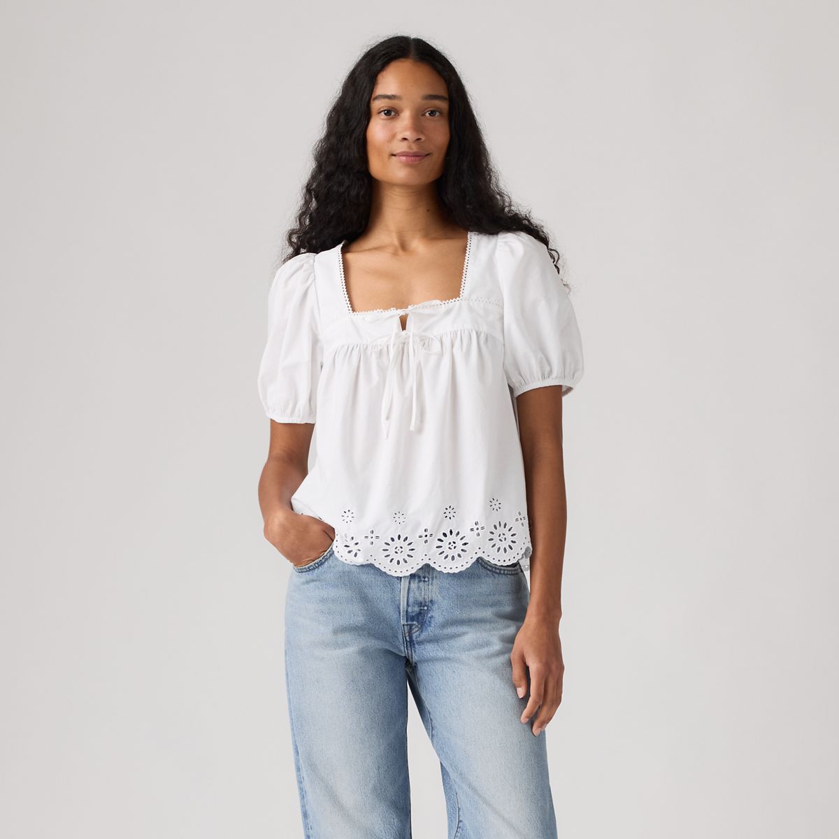 Darling Short Sleeve Cutwork Blouse — Bright White - White