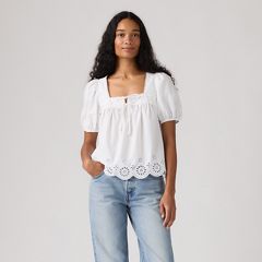 Darling Short Sleeve Cutwork Blouse — Bright White - White 3