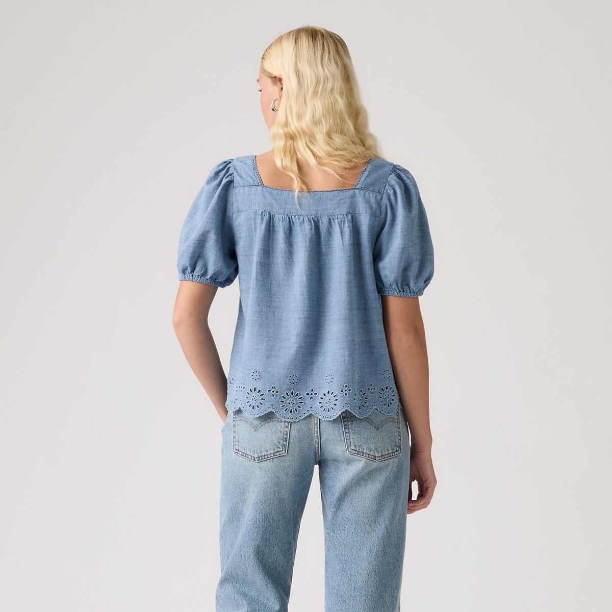 Darling Short-Sleeve Cutwork Blouse — Breezy Blues - Medium Wash