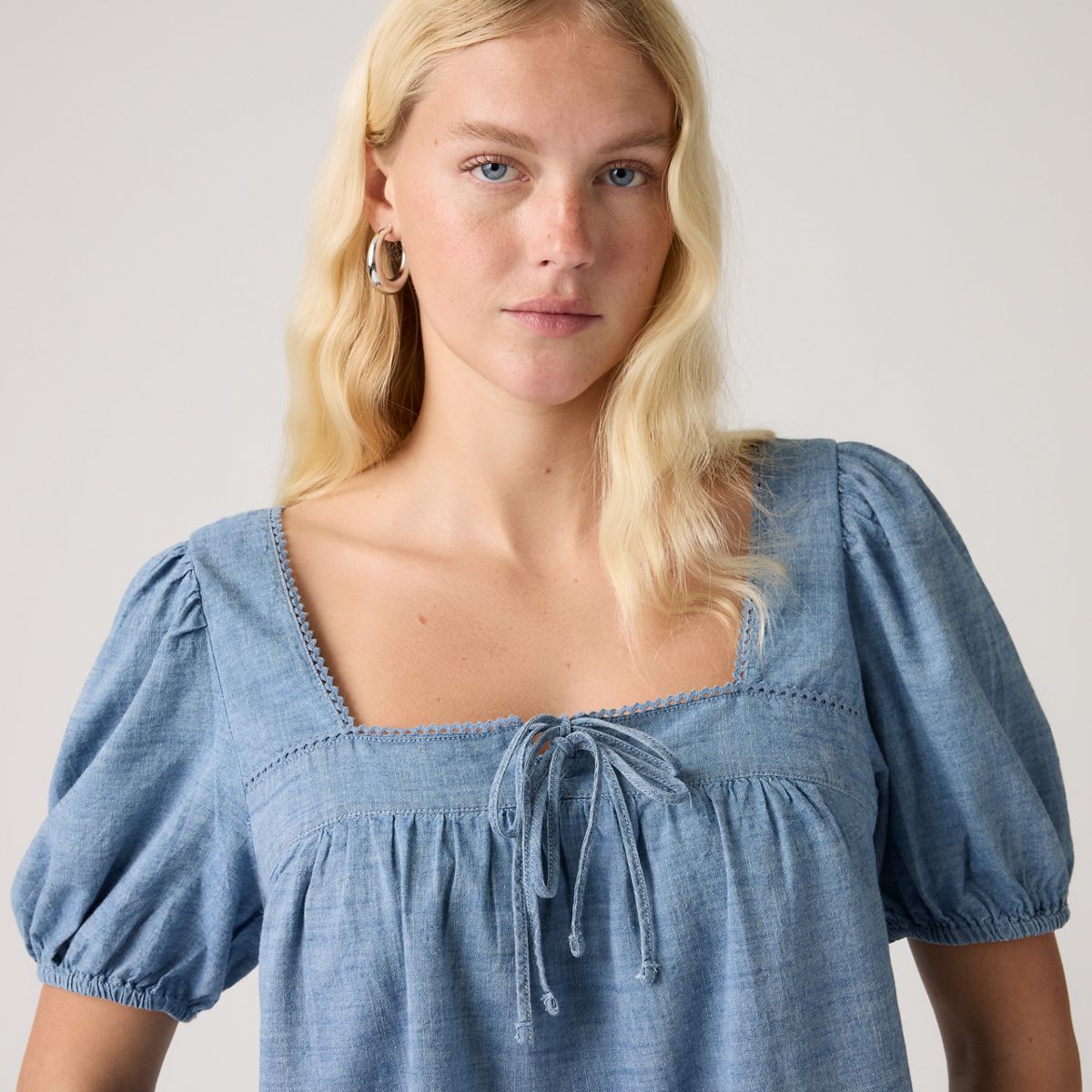 Darling Short-Sleeve Cutwork Blouse — Breezy Blues - Medium Wash