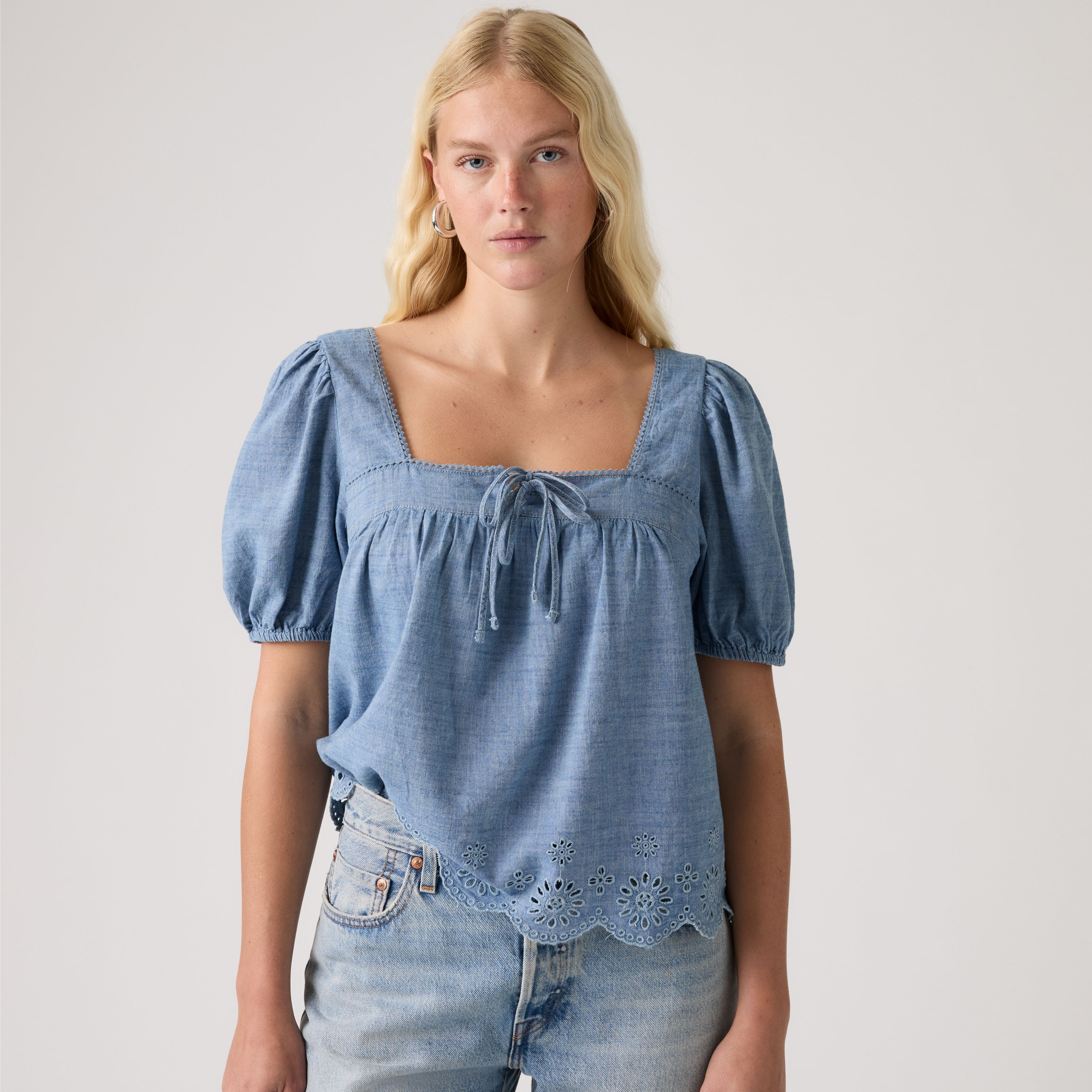 Darling Short-Sleeve Cutwork Blouse