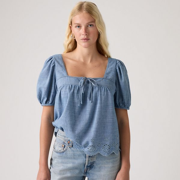 Darling Short-Sleeve Cutwork Blouse — Breezy Blues - Medium Wash