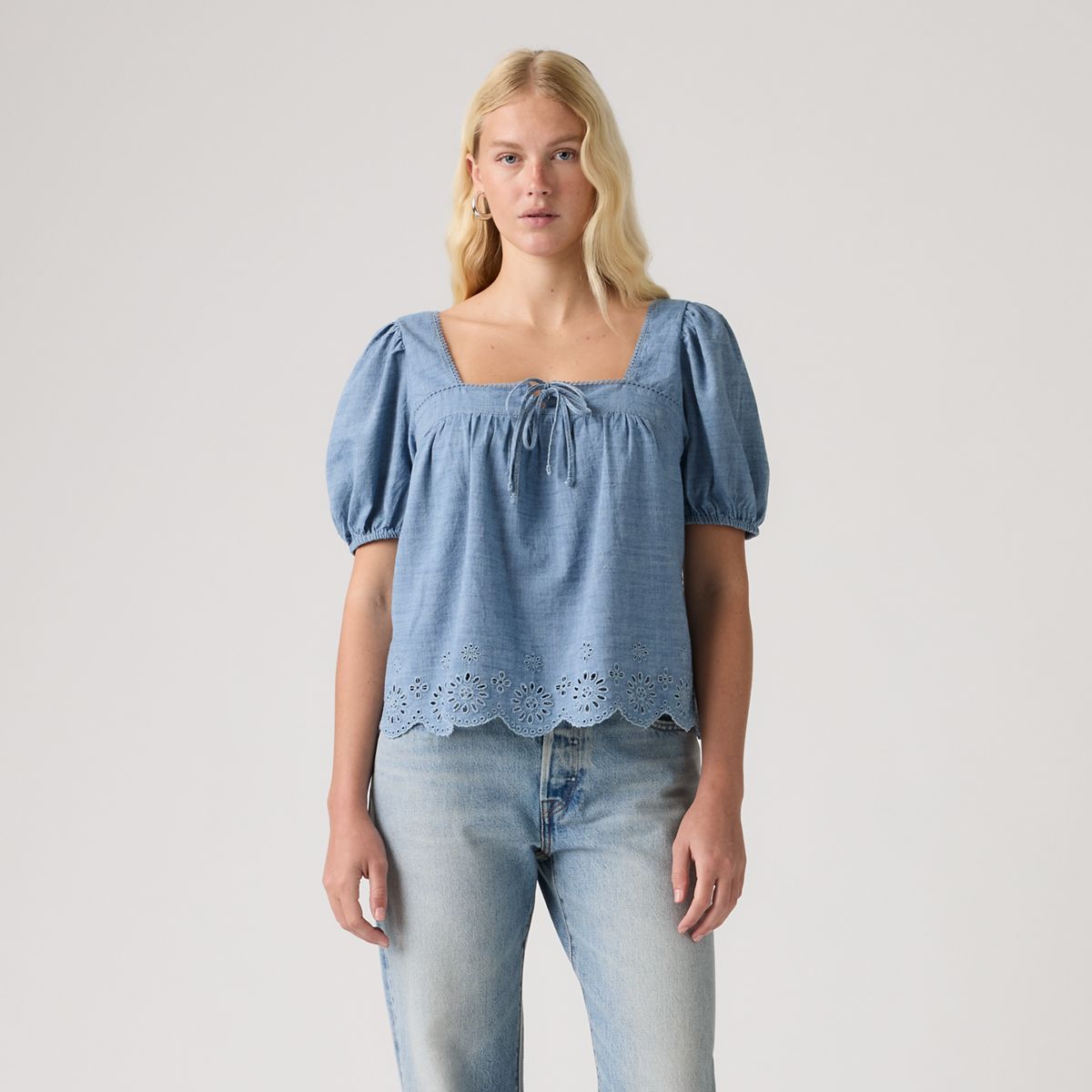Darling Short-Sleeve Cutwork Blouse — Breezy Blues - Medium Wash