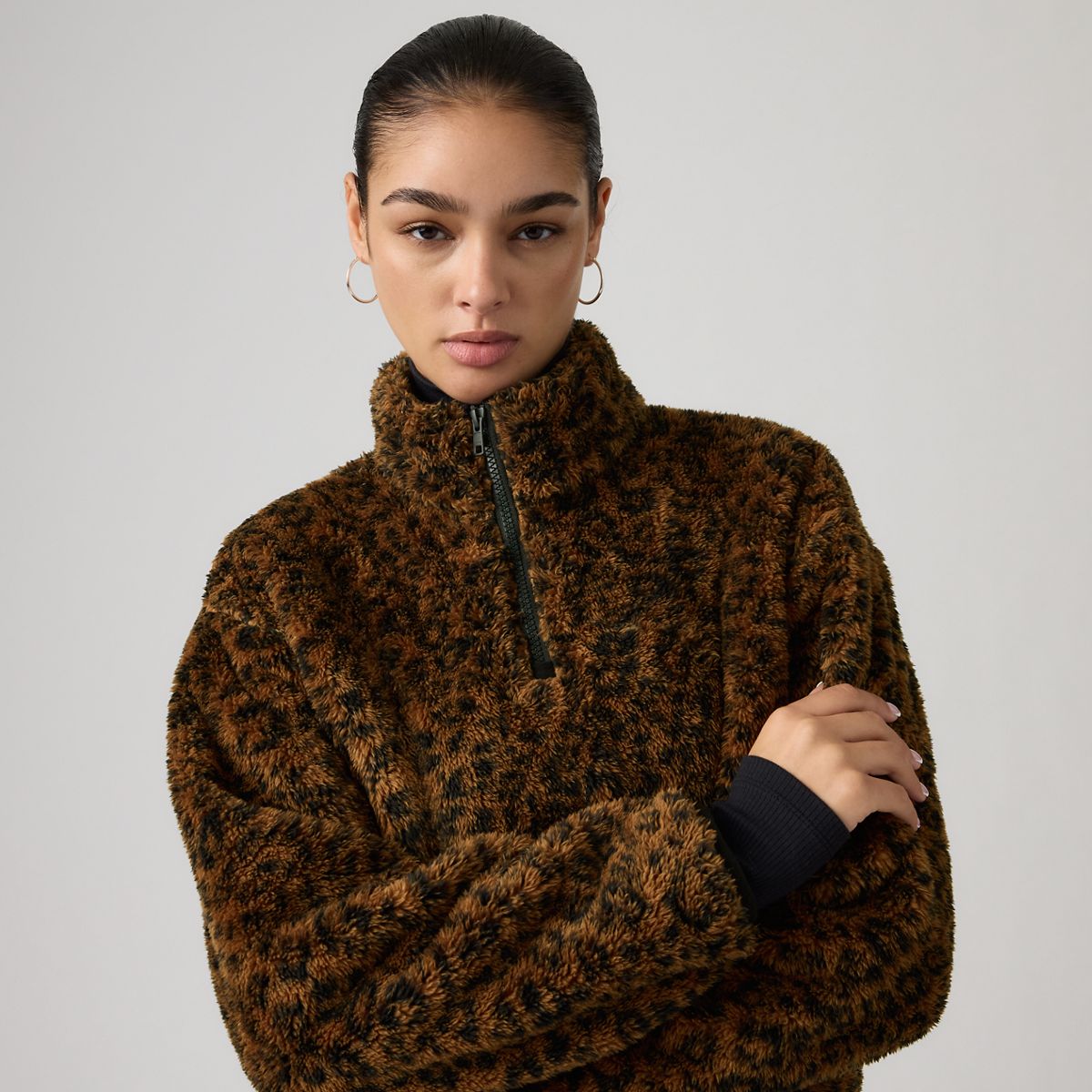 Gemma Sherpa Quarter-Zip Pullover — Anthracite Night Leopard - Brown