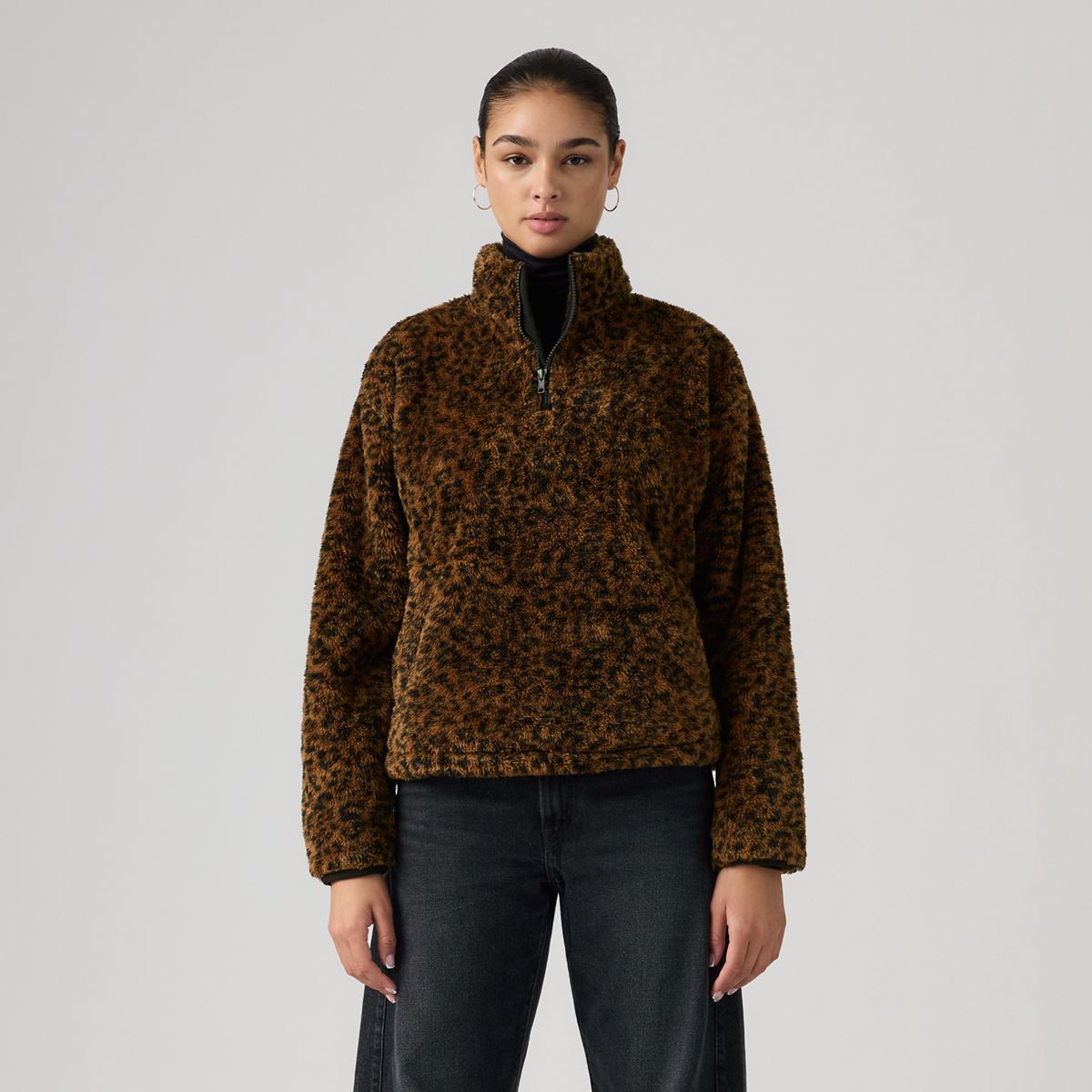Gemma Sherpa Quarter-Zip Pullover — Anthracite Night Leopard - Brown