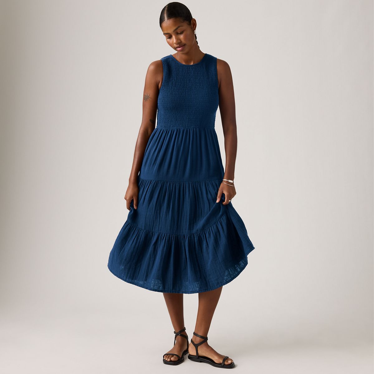 Cely Smocked Midi Dress — Chill Lagoon - Dark Wash