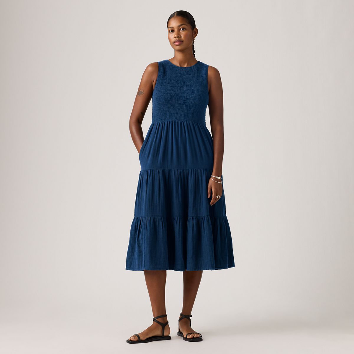 Cely Smocked Midi Dress — Chill Lagoon - Dark Wash