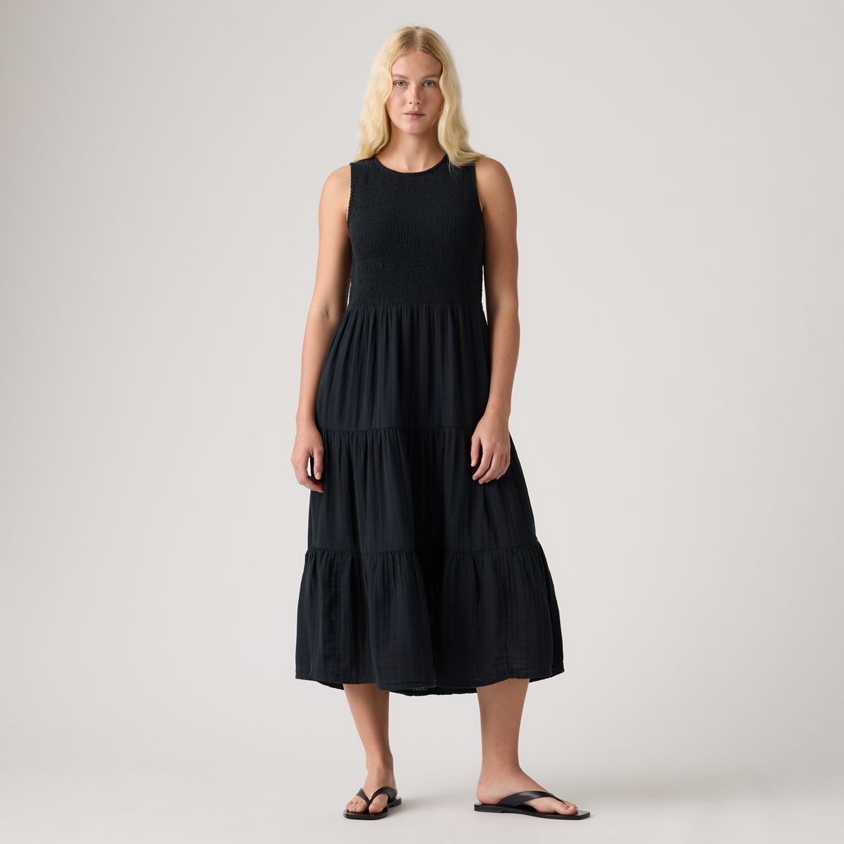 Cely Smocked Midi Dress — Anthracite Night - Black