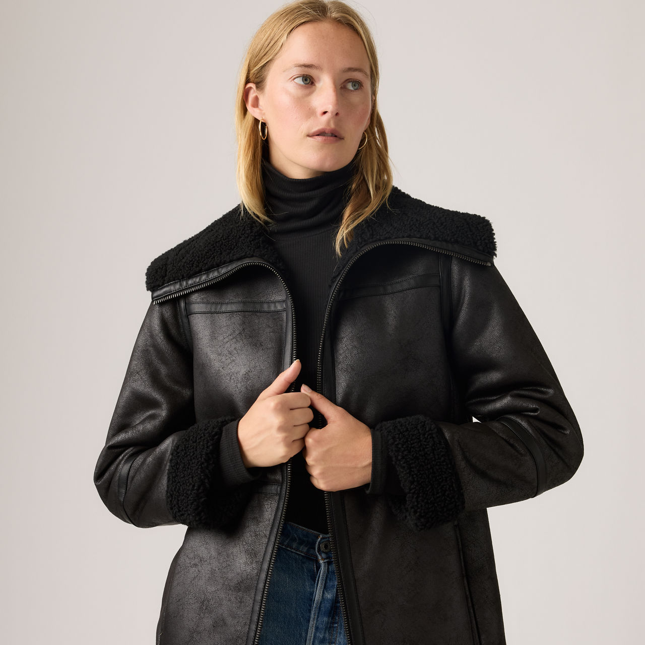 Faux Shearling Funnel Coat