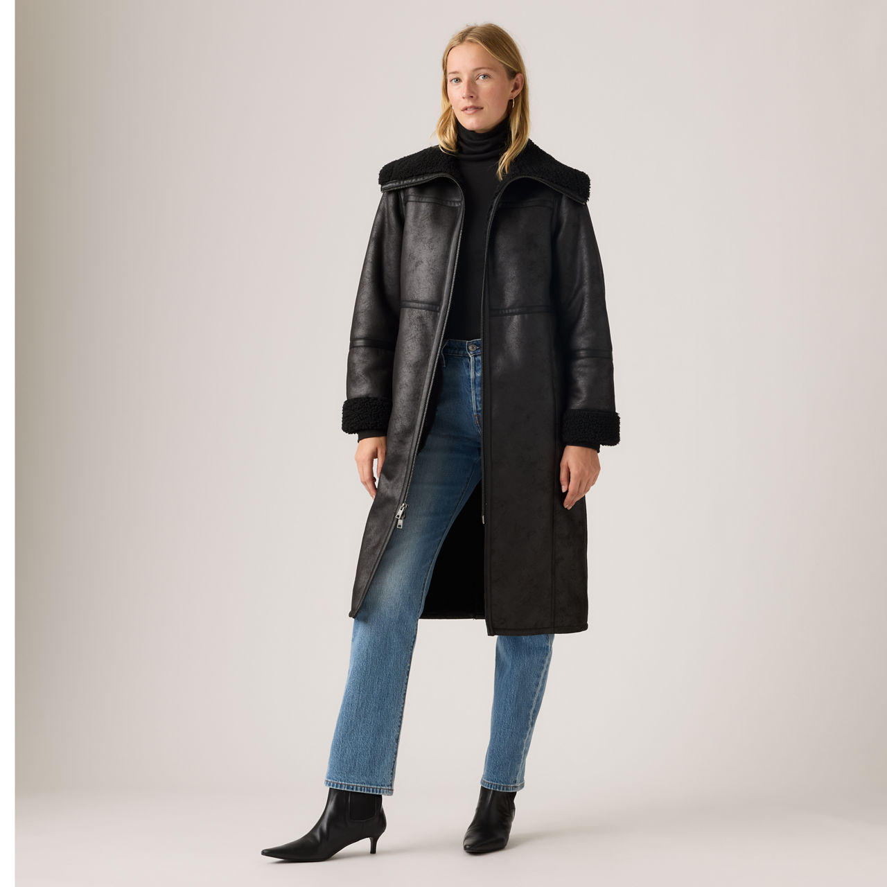 Faux Shearling Funnel Coat