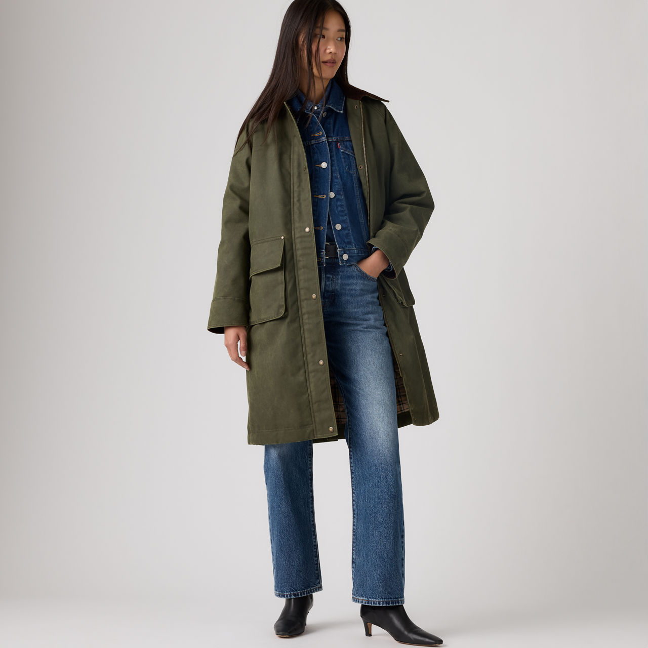 Levi's Extra Long Waxed Look Cotton Barn Coat In Green