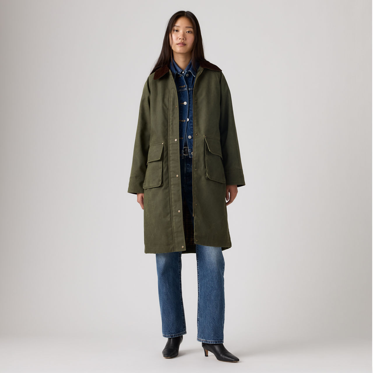 Levi's Extra Long Waxed Look Cotton Barn Coat In Green