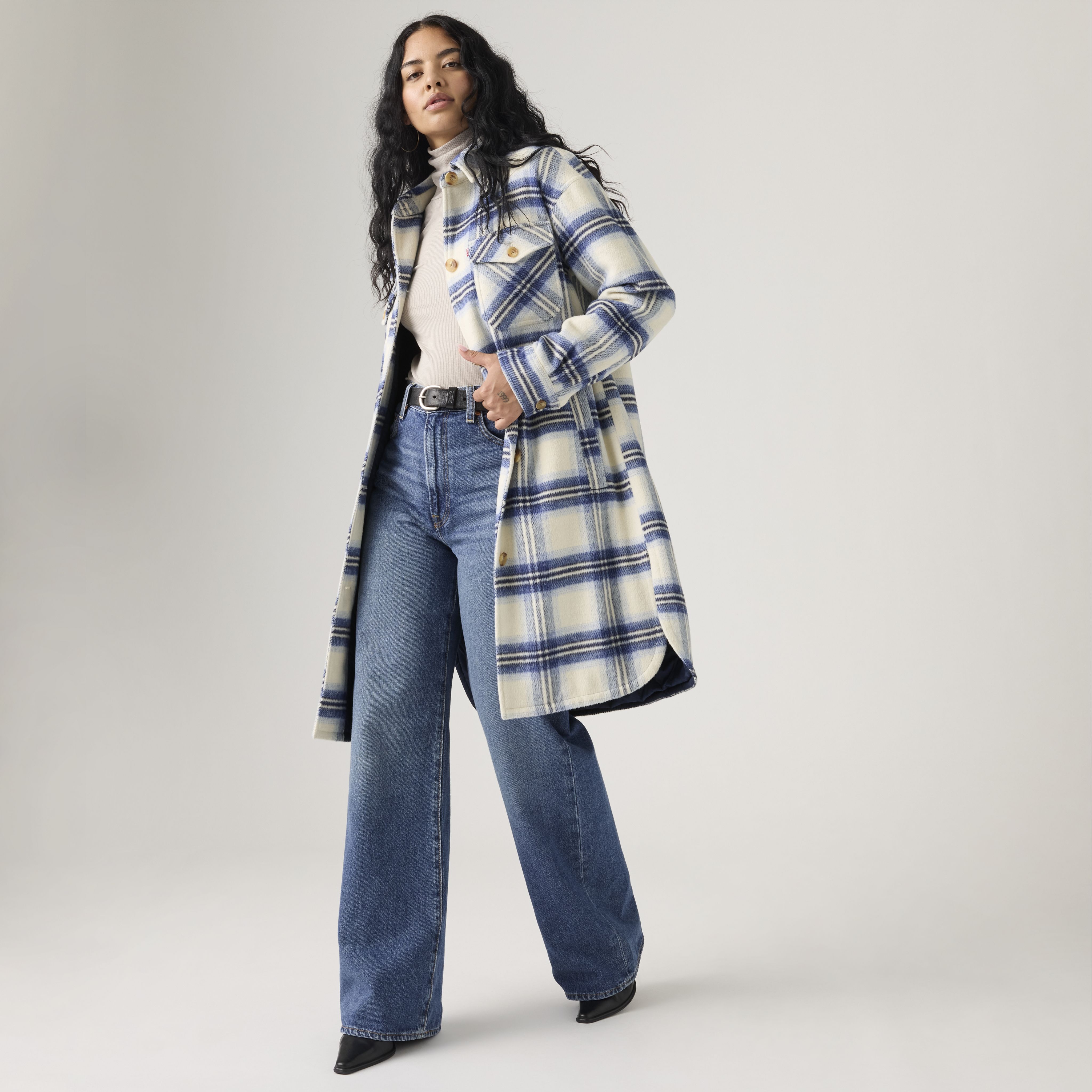 Long Plaid Shirt Jacket With Interior Quilted Lining 1