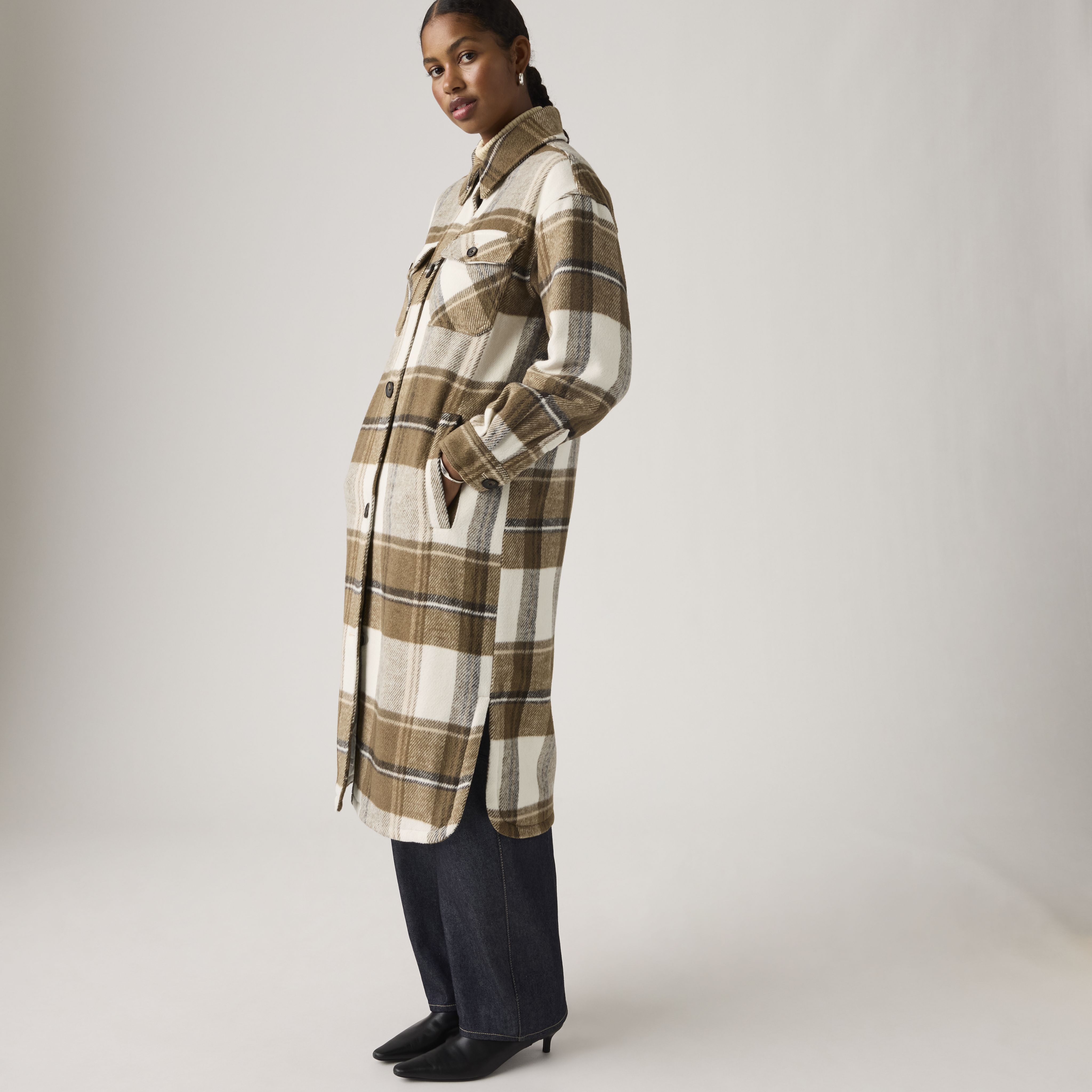 Long Plaid Shirt Jacket With Interior Quilted Lining 2