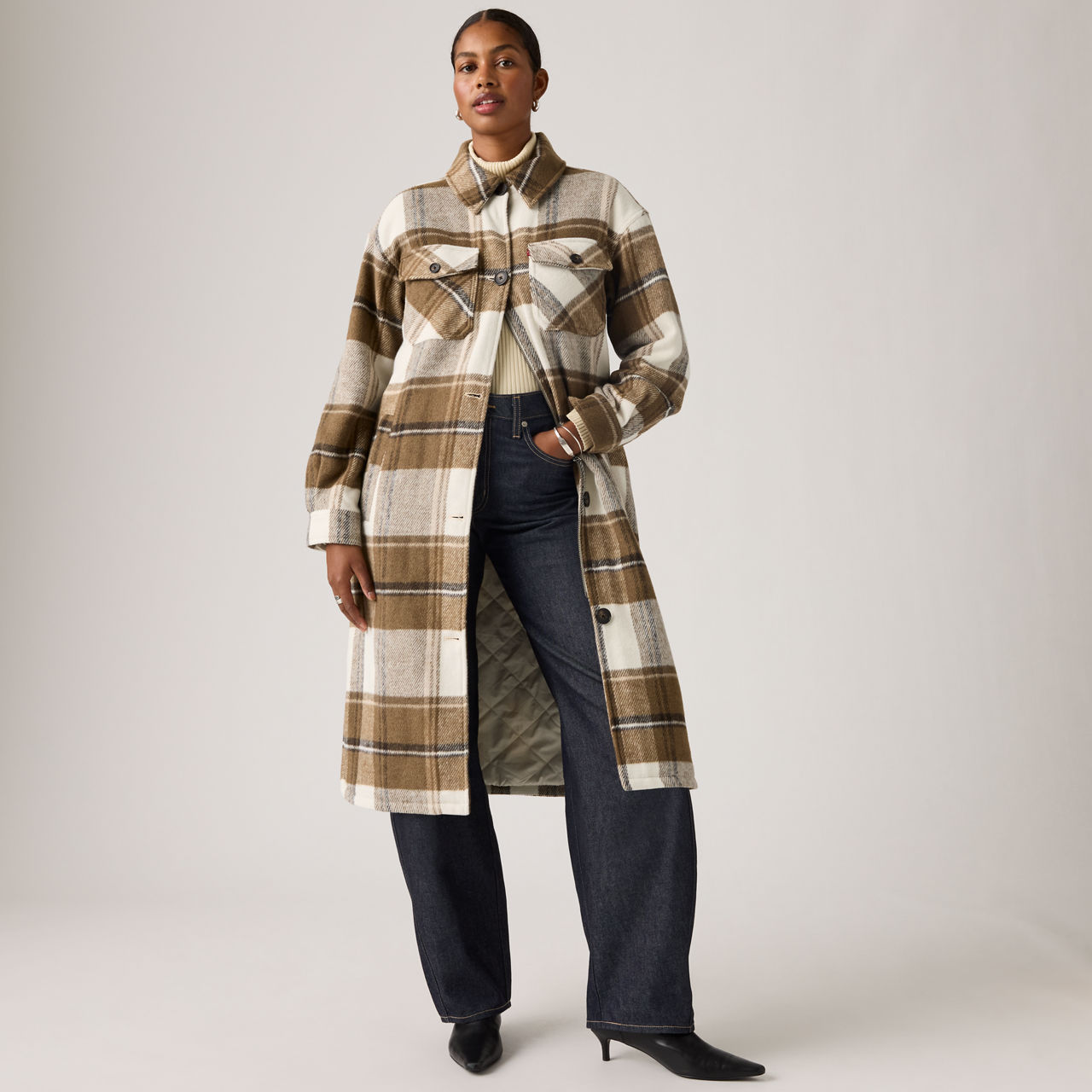 Levi's Long Plaid Shirt Jacket With Interior Quilted Lining In Brown