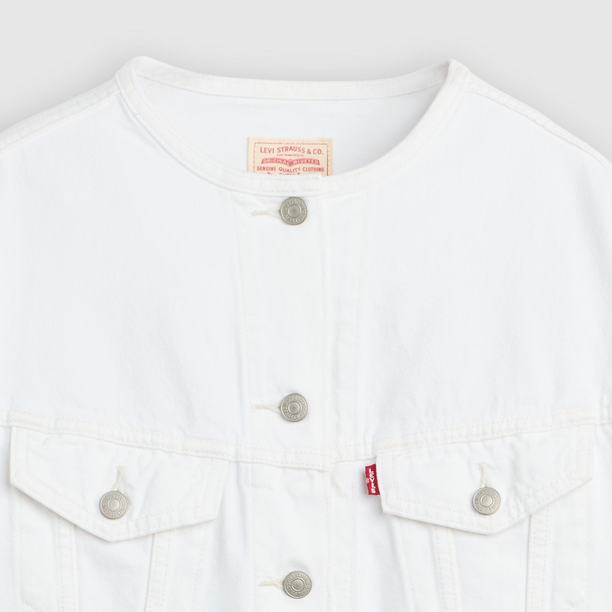 90s Shrunken Collarless Trucker Jacket — Tooth Fairy Trkr - White