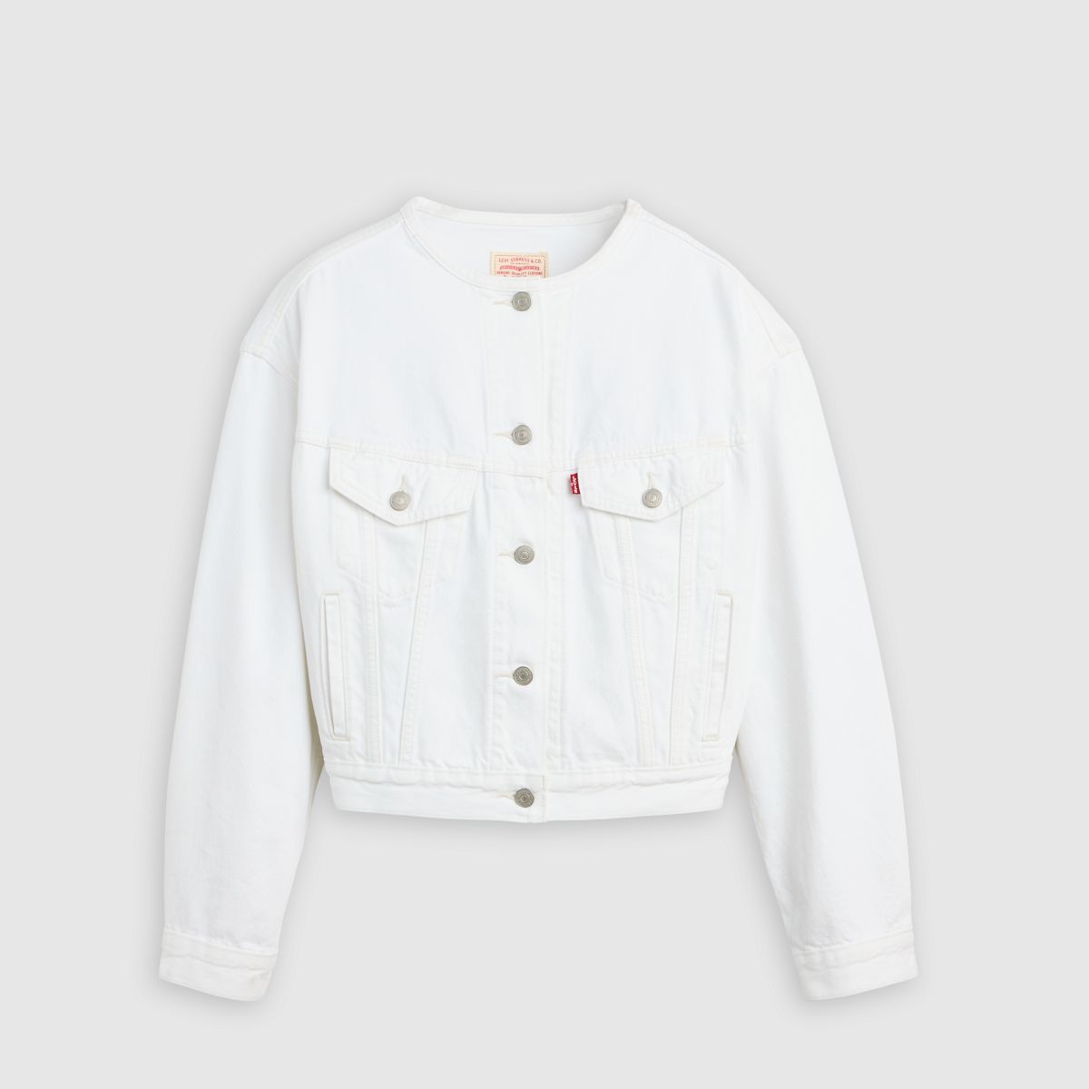90s Shrunken Collarless Trucker Jacket — Tooth Fairy Trkr - White
