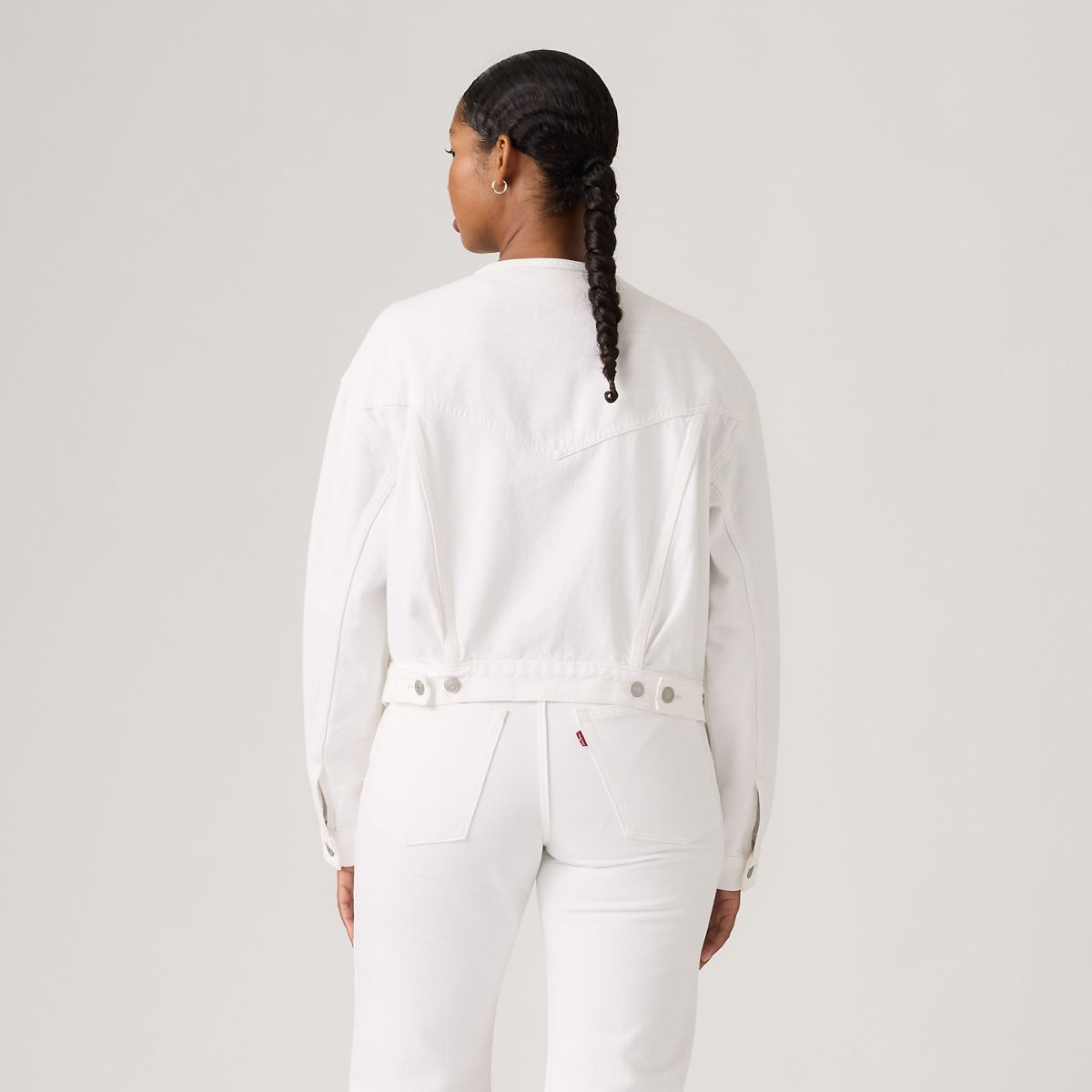 90s Shrunken Collarless Trucker Jacket — Tooth Fairy Trkr - White