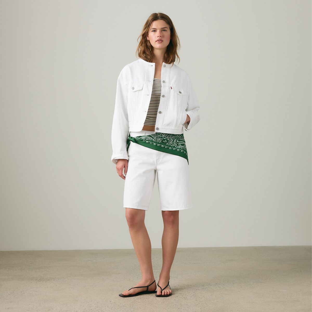 90s Shrunken Collarless Trucker Jacket — Tooth Fairy Trkr - White