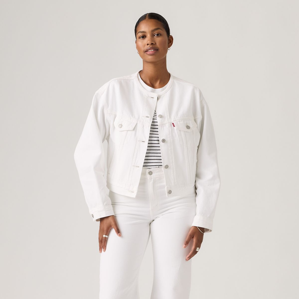 90s Shrunken Collarless Trucker Jacket — Tooth Fairy Trkr - White