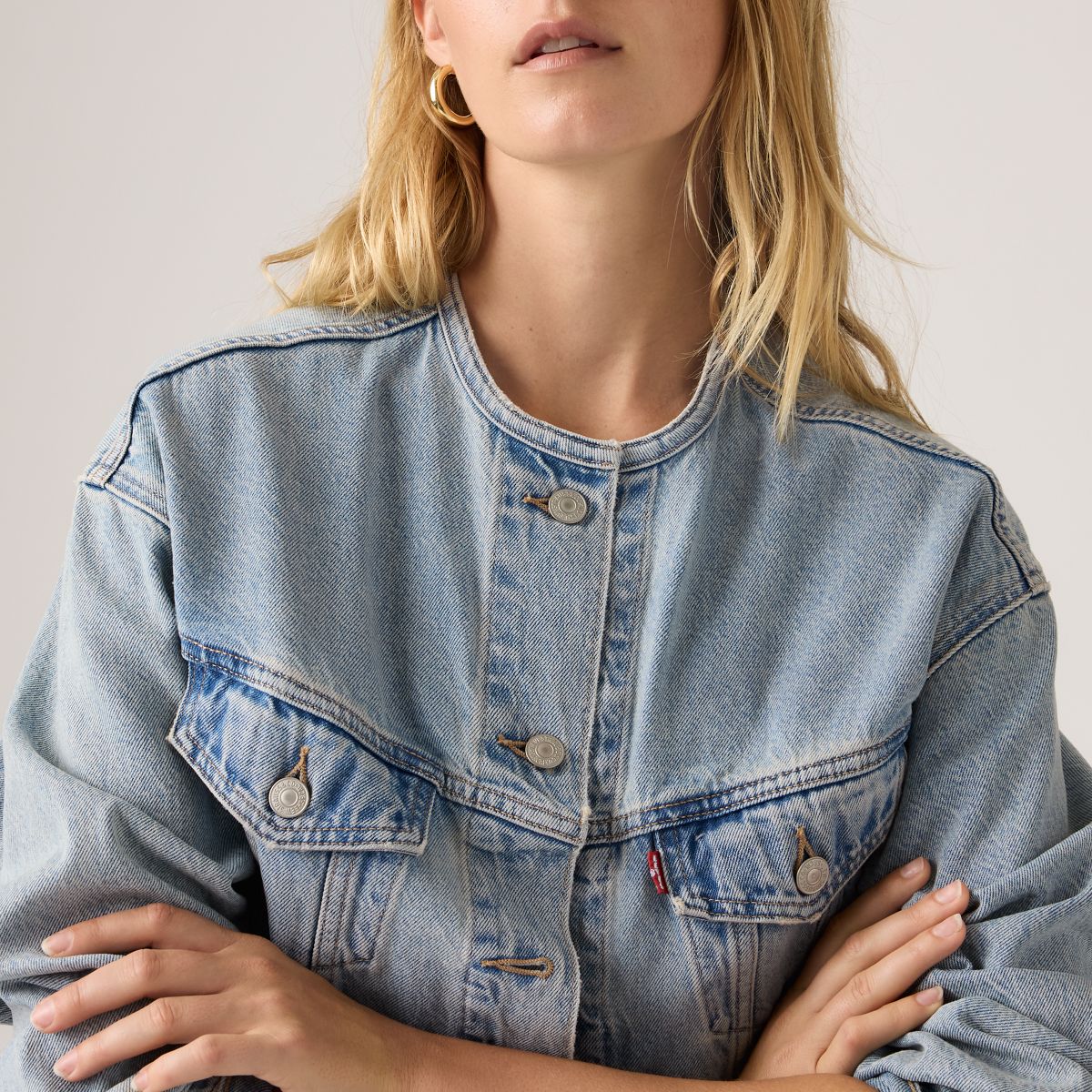 90s Shrunken Collarless Trucker Jacket — Rural View - Medium Wash
