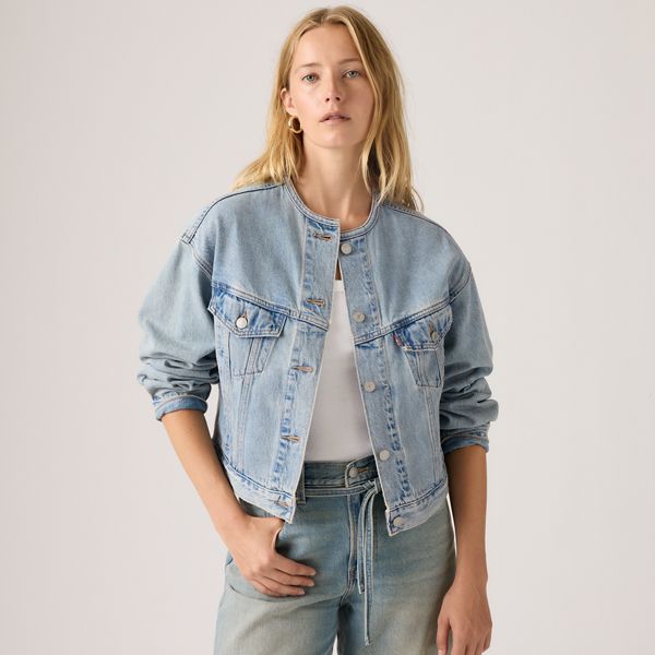 90s Shrunken Collarless Trucker Jacket — Rural View - Medium Wash