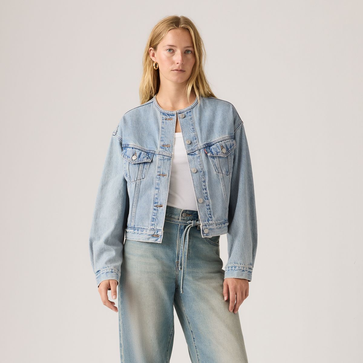 90s Shrunken Collarless Trucker Jacket — Rural View - Medium Wash