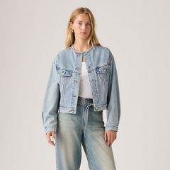 90s Shrunken Collarless Trucker Jacket — Rural View - Medium Wash 3